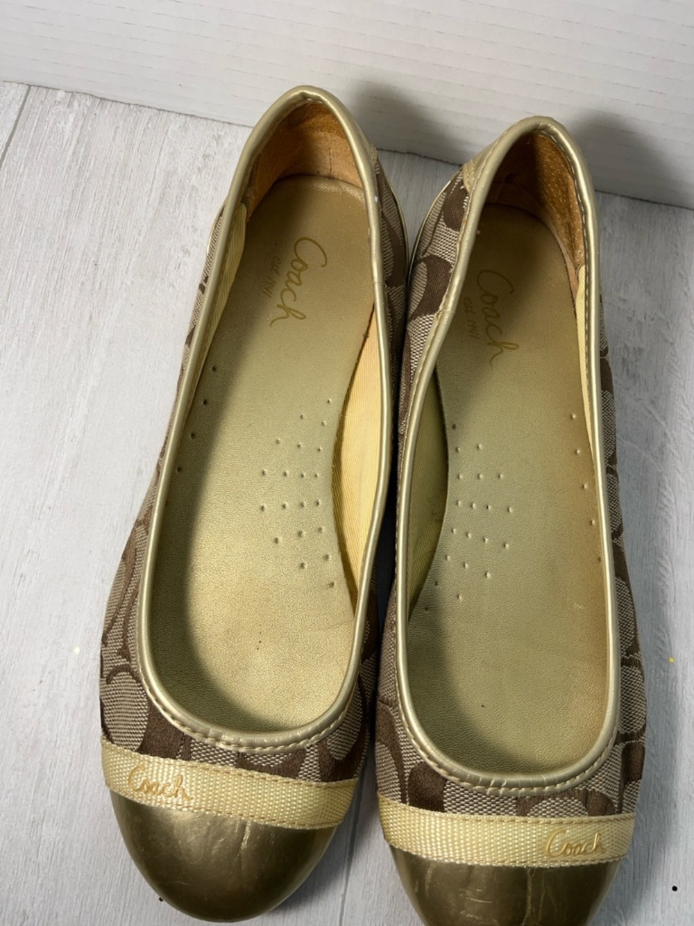 Coach Women's Brown Signature Canvas Ballet Flats with Gold Cap Toe - Picture 4 of 9